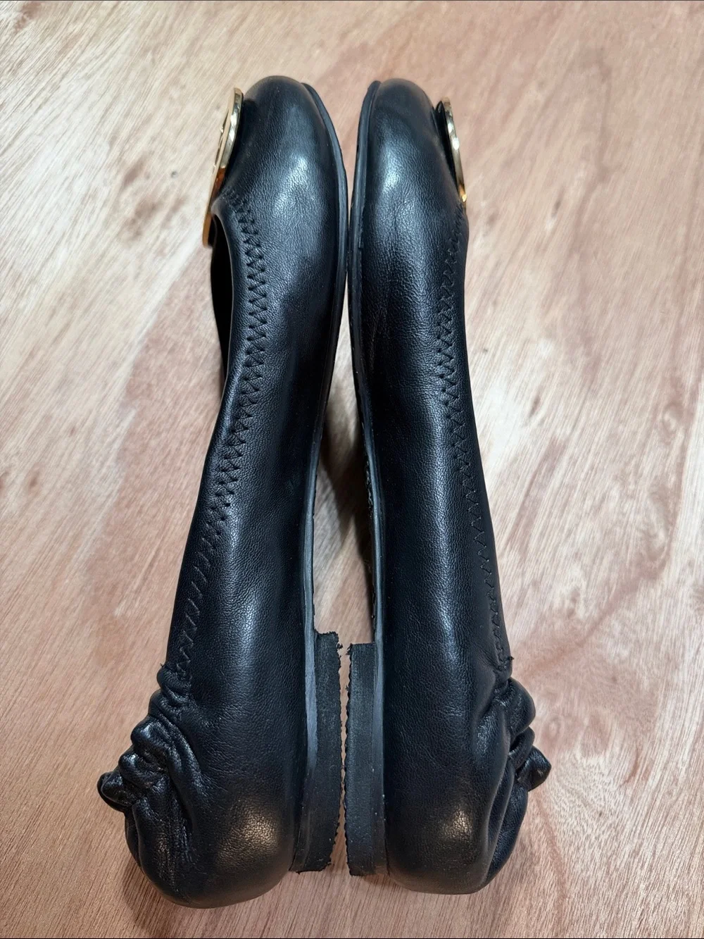 Tory Burch Leather Black Flats with Gold Logo size 8.5/9